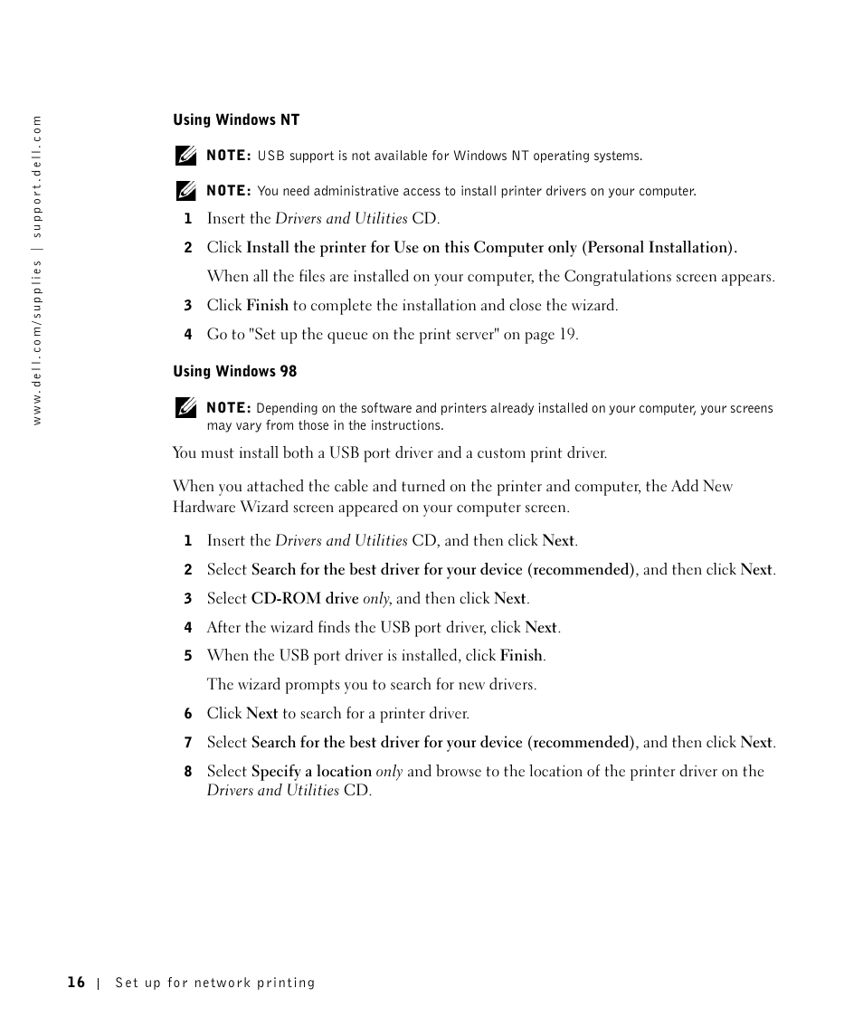 Dell W5300 Workgroup Laser Printer User Manual | Page 16 / 86