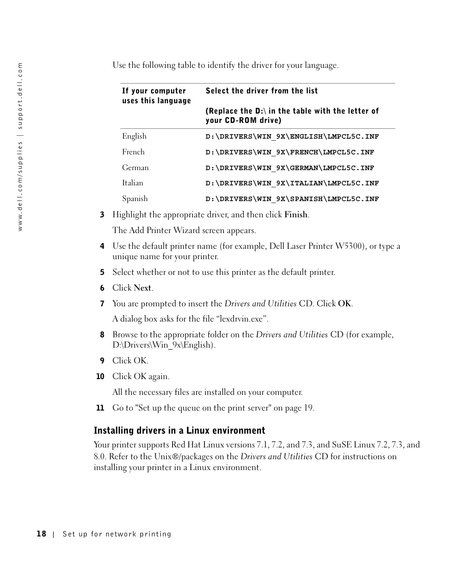 Installing drivers in a linux environment | Dell W5300 Workgroup Laser Printer User Manual | Page 18 / 86