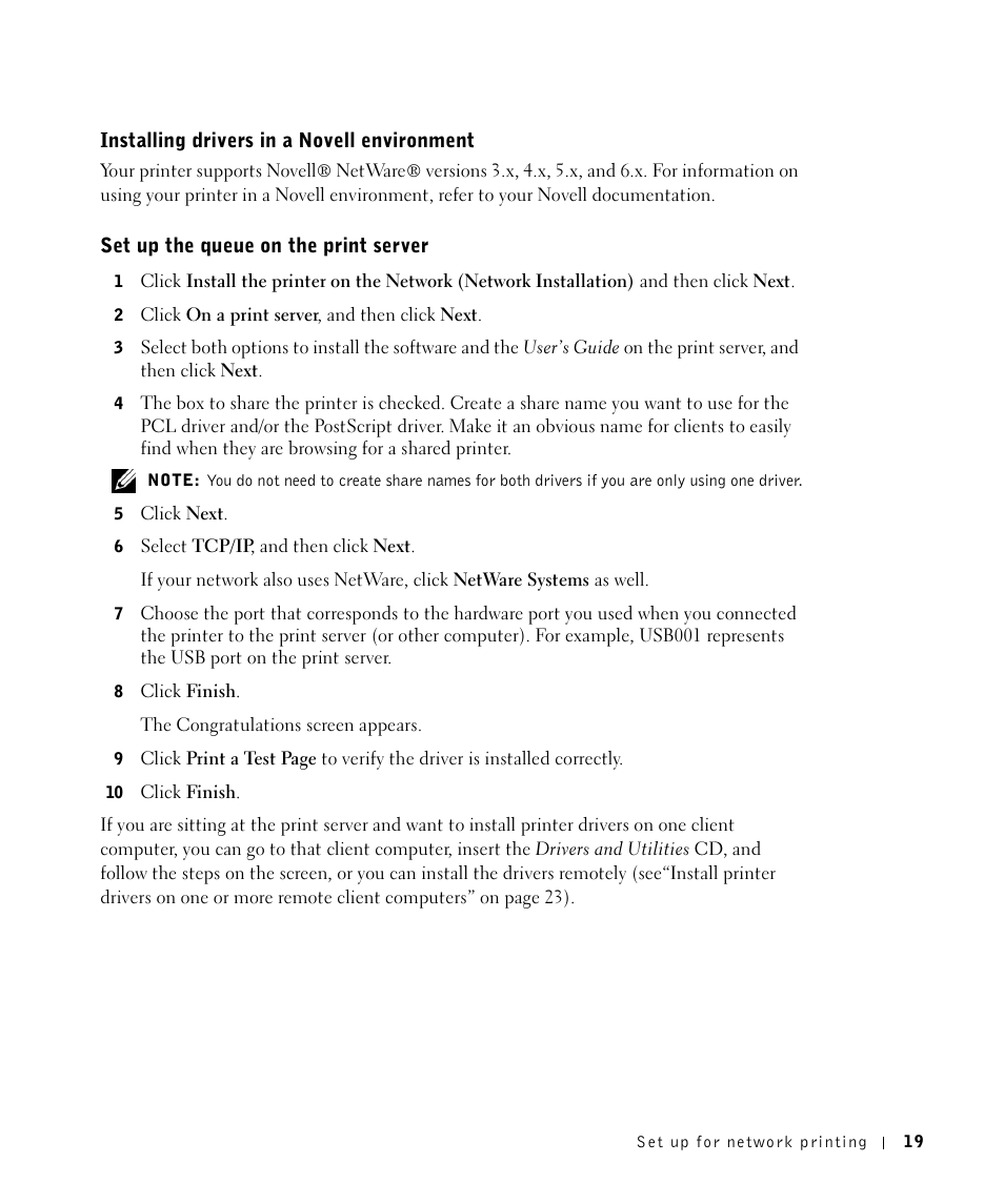 Installing drivers in a novell environment, Set up the queue on the print server | Dell W5300 Workgroup Laser Printer User Manual | Page 19 / 86