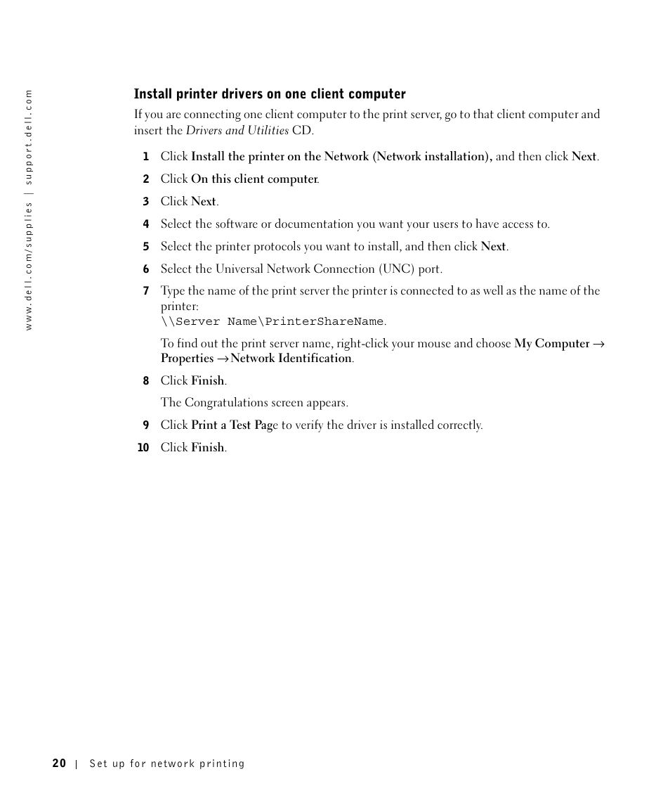 Install printer drivers on one client computer | Dell W5300 Workgroup Laser Printer User Manual | Page 20 / 86