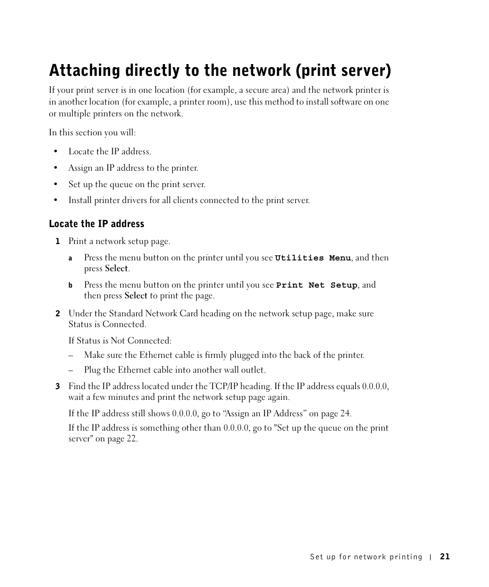 Attaching directly to the network (print server), Locate the ip address | Dell W5300 Workgroup Laser Printer User Manual | Page 21 / 86