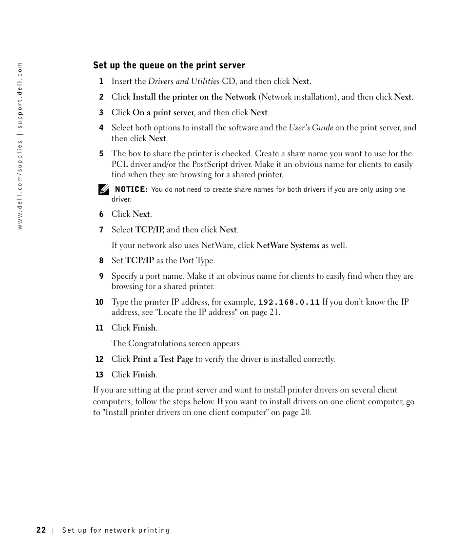 Set up the queue on the print server | Dell W5300 Workgroup Laser Printer User Manual | Page 22 / 86