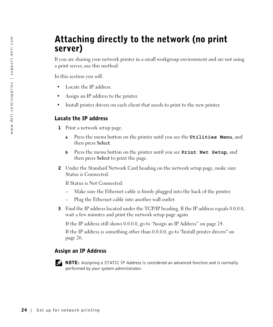 Locate the ip address, Assign an ip address | Dell W5300 Workgroup Laser Printer User Manual | Page 24 / 86