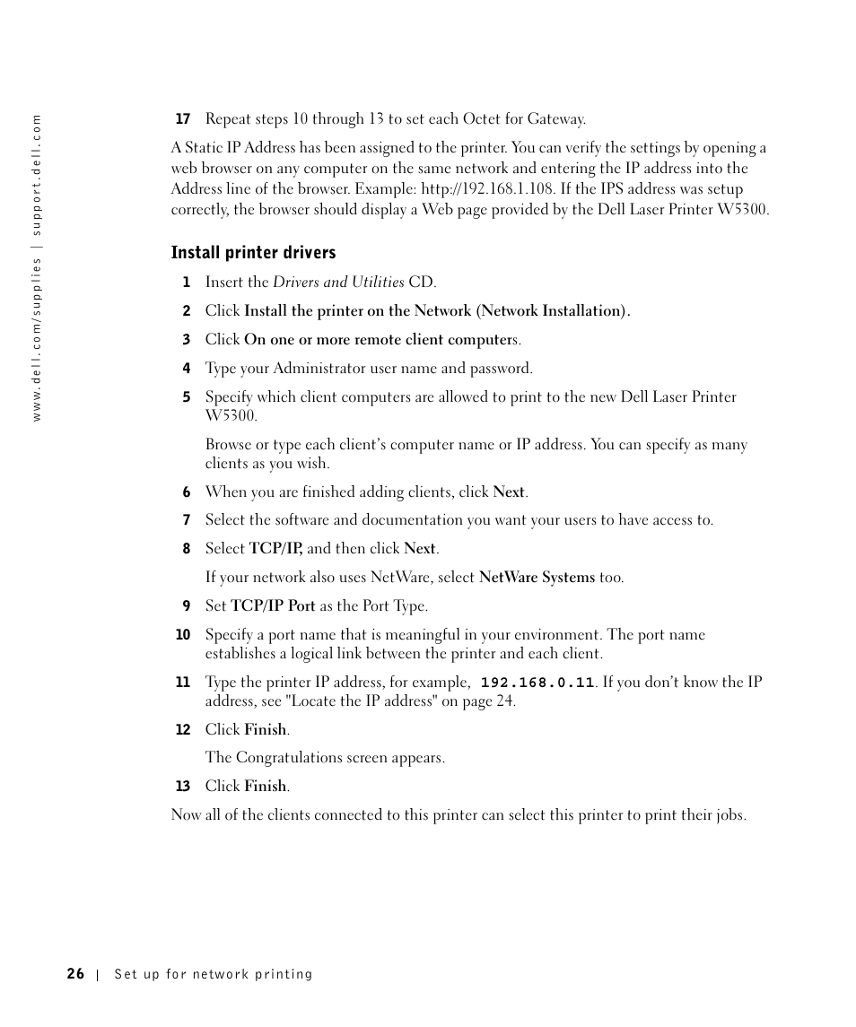 Install printer drivers | Dell W5300 Workgroup Laser Printer User Manual | Page 26 / 86