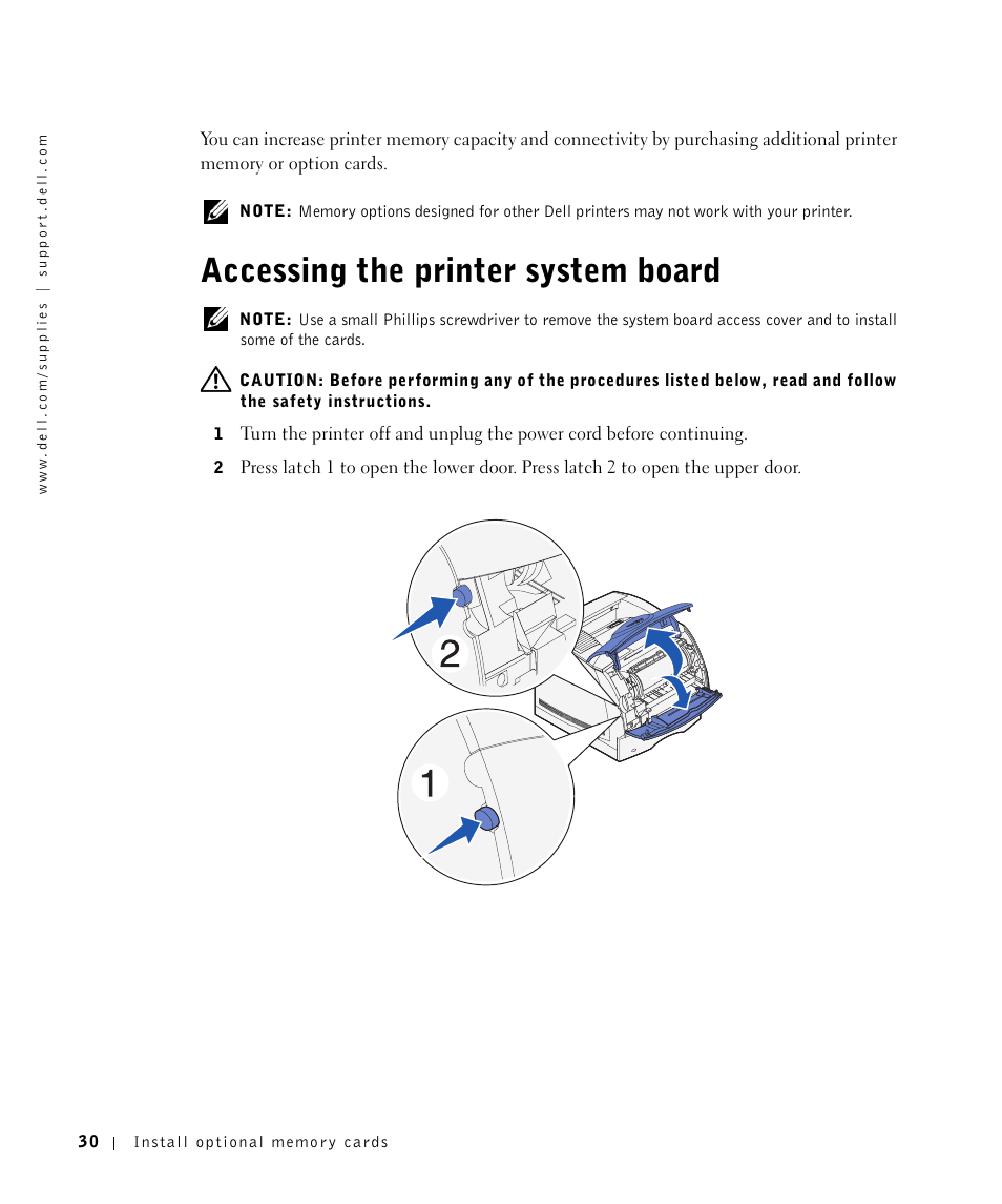 Accessing the printer system board | Dell W5300 Workgroup Laser Printer User Manual | Page 30 / 86
