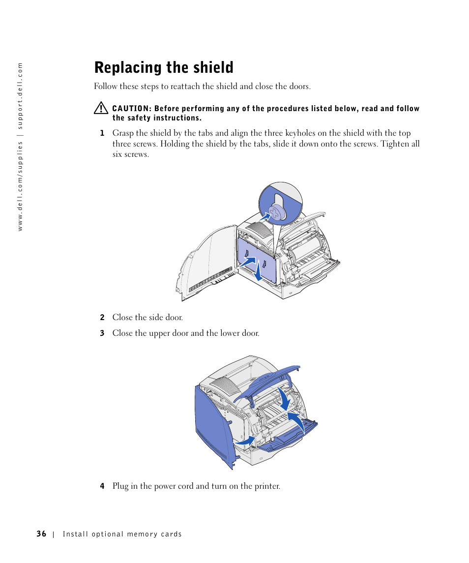 Replacing the shield | Dell W5300 Workgroup Laser Printer User Manual | Page 36 / 86