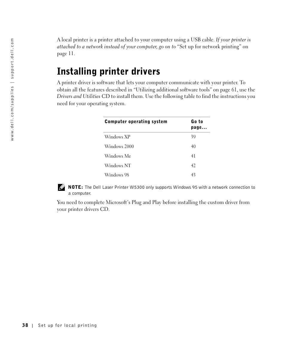 Installing printer drivers | Dell W5300 Workgroup Laser Printer User Manual | Page 38 / 86