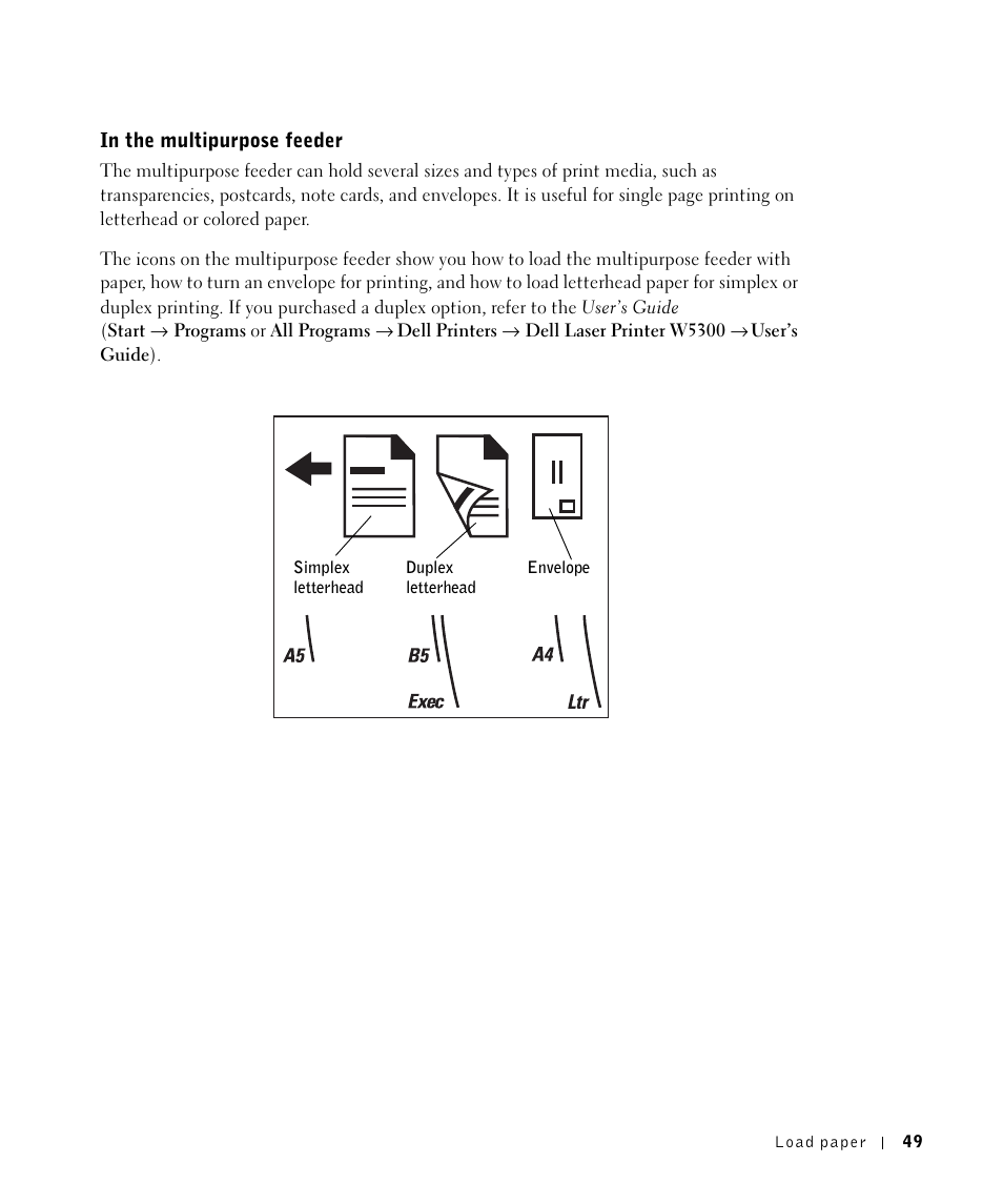 In the multipurpose feeder | Dell W5300 Workgroup Laser Printer User Manual | Page 49 / 86