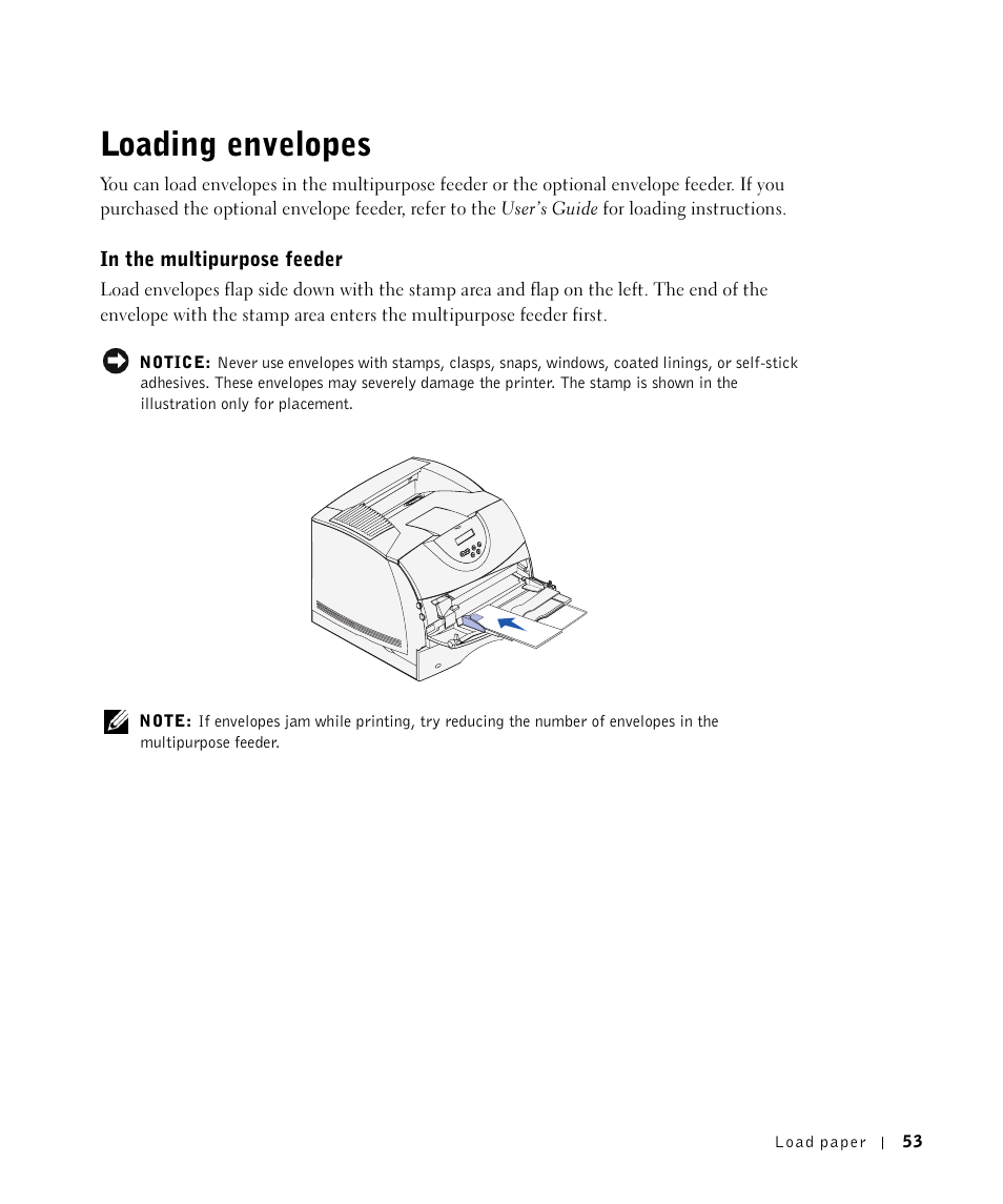 Loading envelopes, In the multipurpose feeder | Dell W5300 Workgroup Laser Printer User Manual | Page 53 / 86