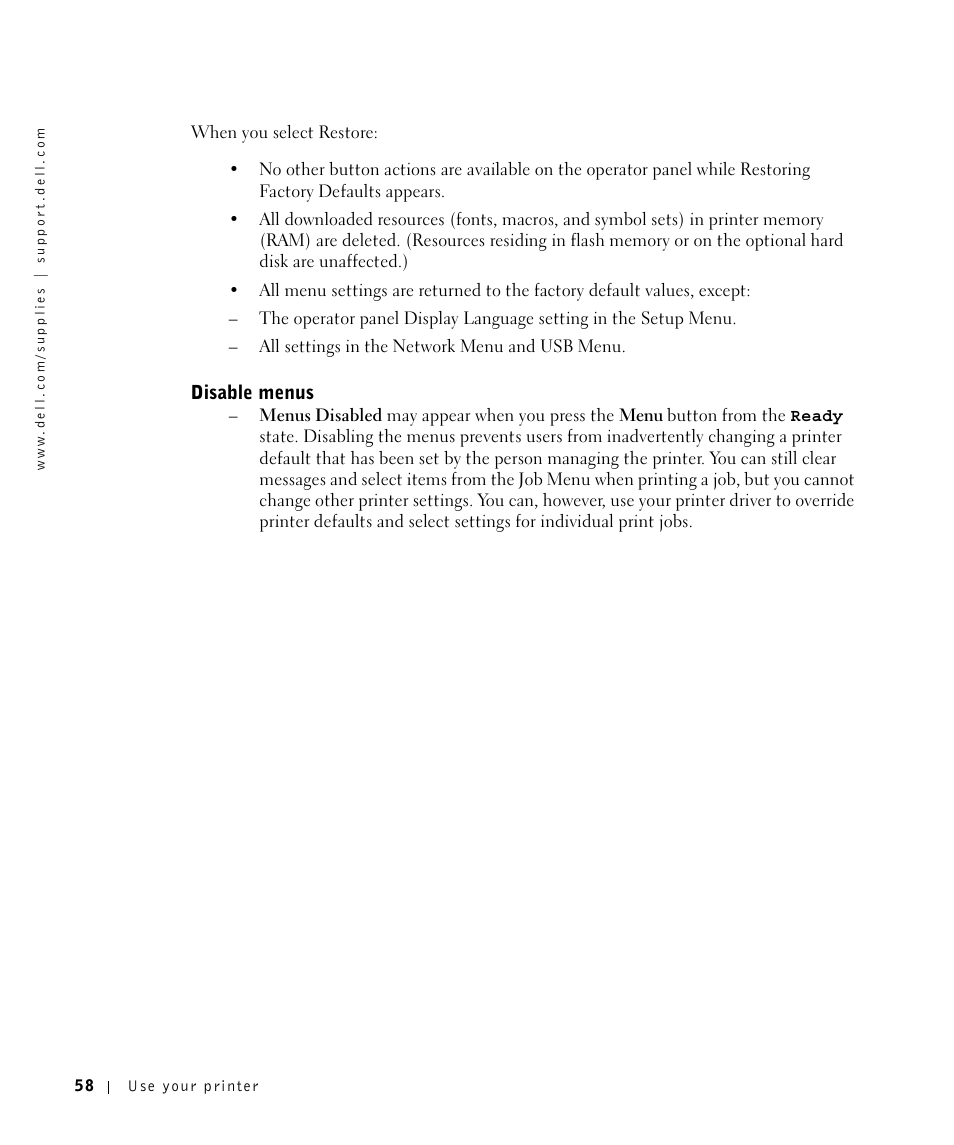 Disable menus | Dell W5300 Workgroup Laser Printer User Manual | Page 58 / 86