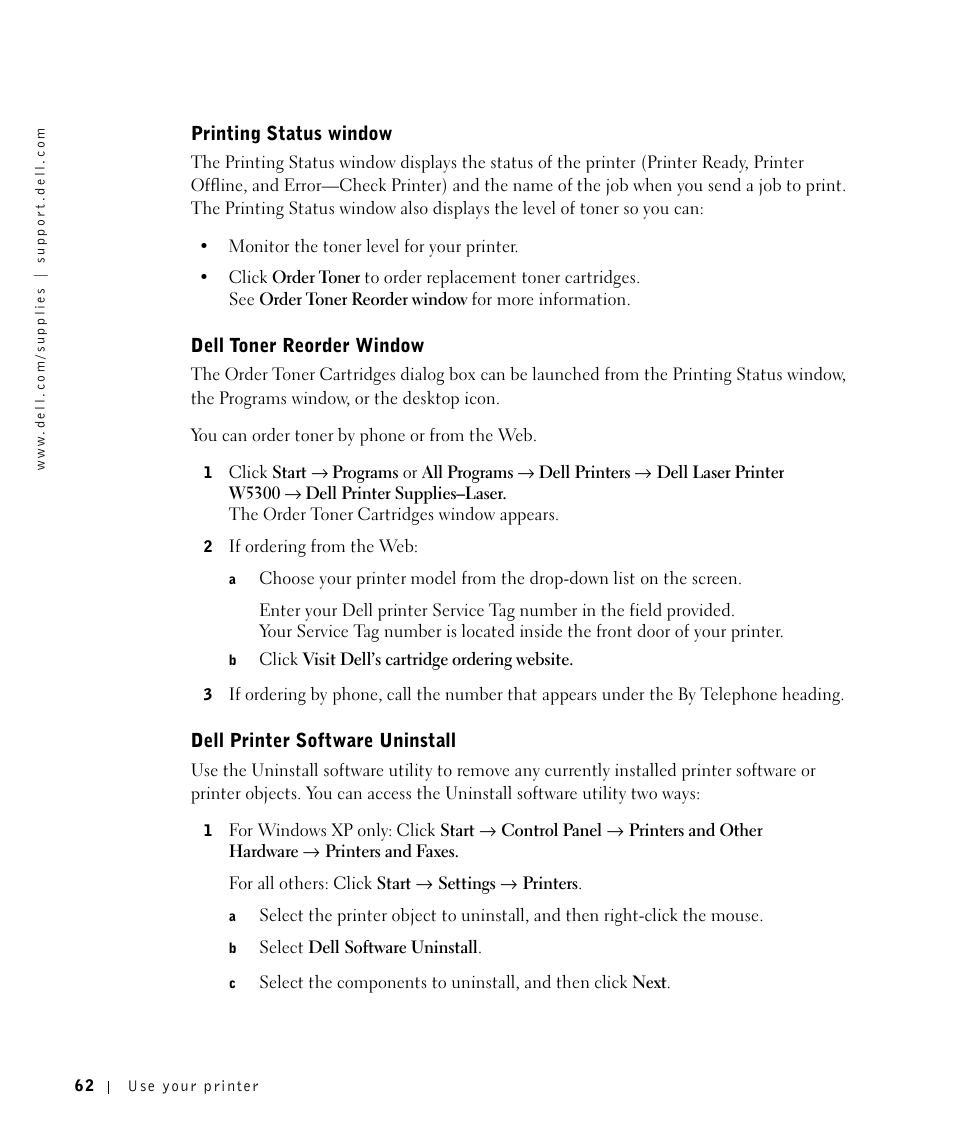 Printing status window, Dell toner reorder window, Dell printer software uninstall | Dell W5300 Workgroup Laser Printer User Manual | Page 62 / 86