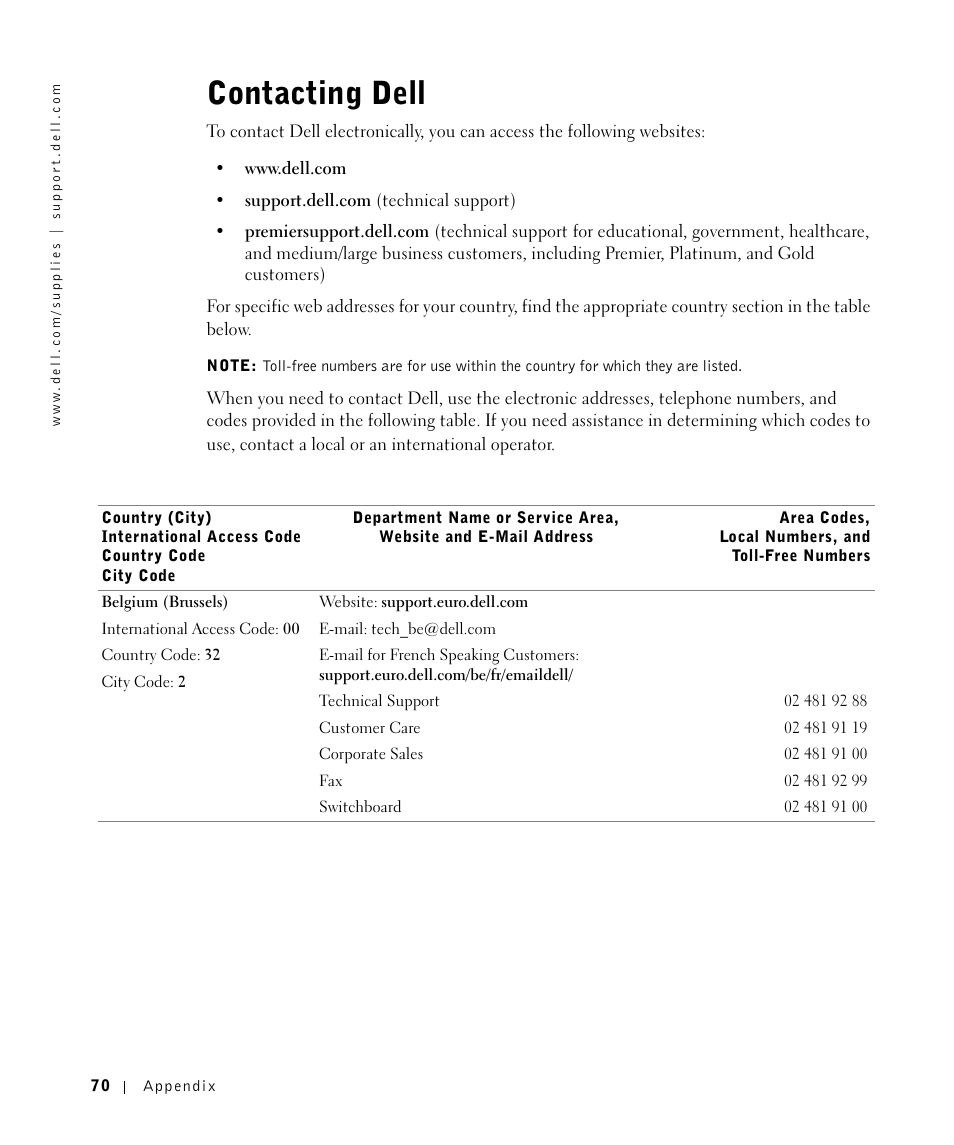 Contacting dell | Dell W5300 Workgroup Laser Printer User Manual | Page 70 / 86