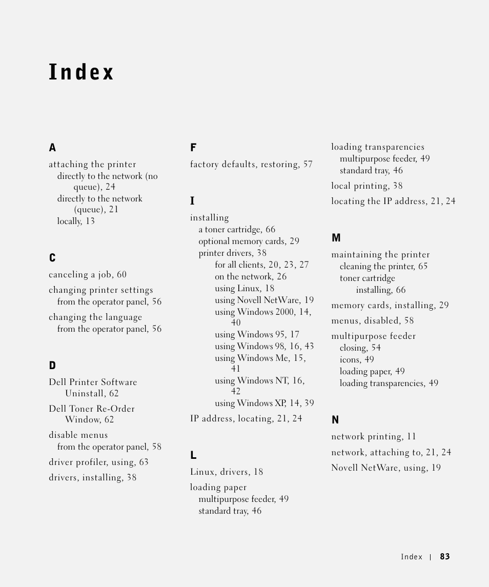 Index | Dell W5300 Workgroup Laser Printer User Manual | Page 83 / 86