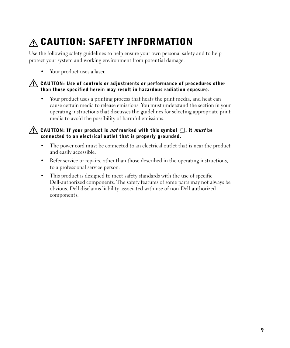 Caution: safety information | Dell W5300 Workgroup Laser Printer User Manual | Page 9 / 86