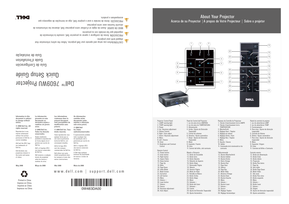 Dell™ 7609wu projector quick setup guide, De ll™ x xx x x xx xx quick setup guide, About your computer | About your projector, First fold, Language | Dell 7609WU Projector User Manual | Page 2 / 2