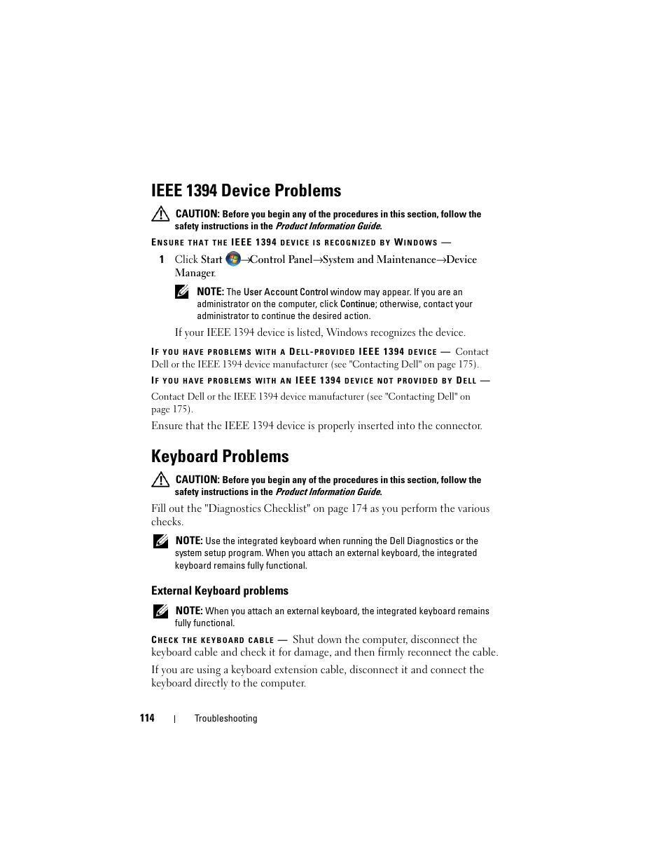 Ieee 1394 device problems, Keyboard problems, External keyboard problems | Dell Inspiron 1721 (Mid 2007) User Manual | Page 114 / 220