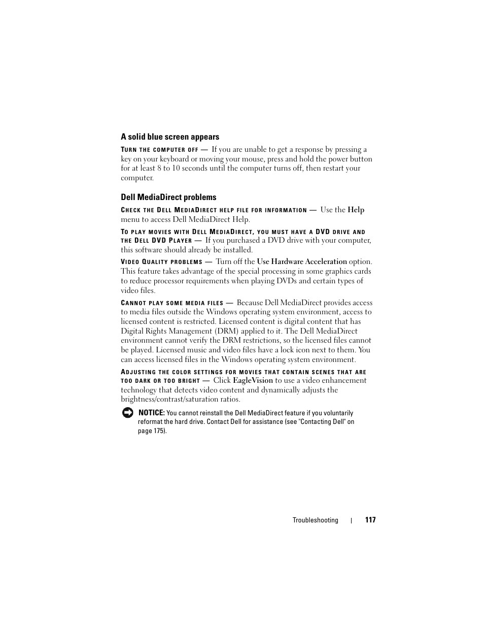 A solid blue screen appears, Dell mediadirect problems | Dell Inspiron 1721 (Mid 2007) User Manual | Page 117 / 220