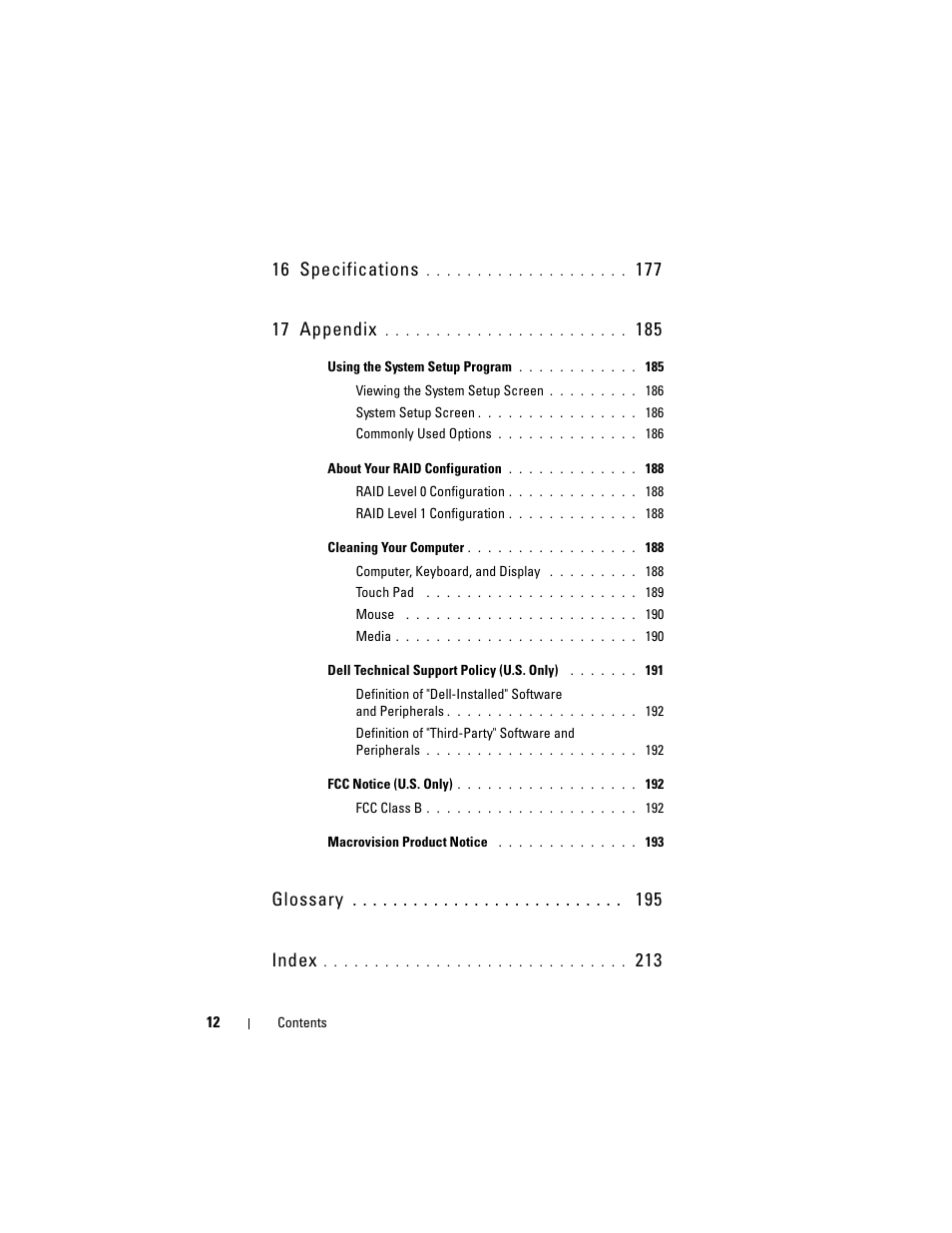 16 specifications, Glossary index | Dell Inspiron 1721 (Mid 2007) User Manual | Page 12 / 220