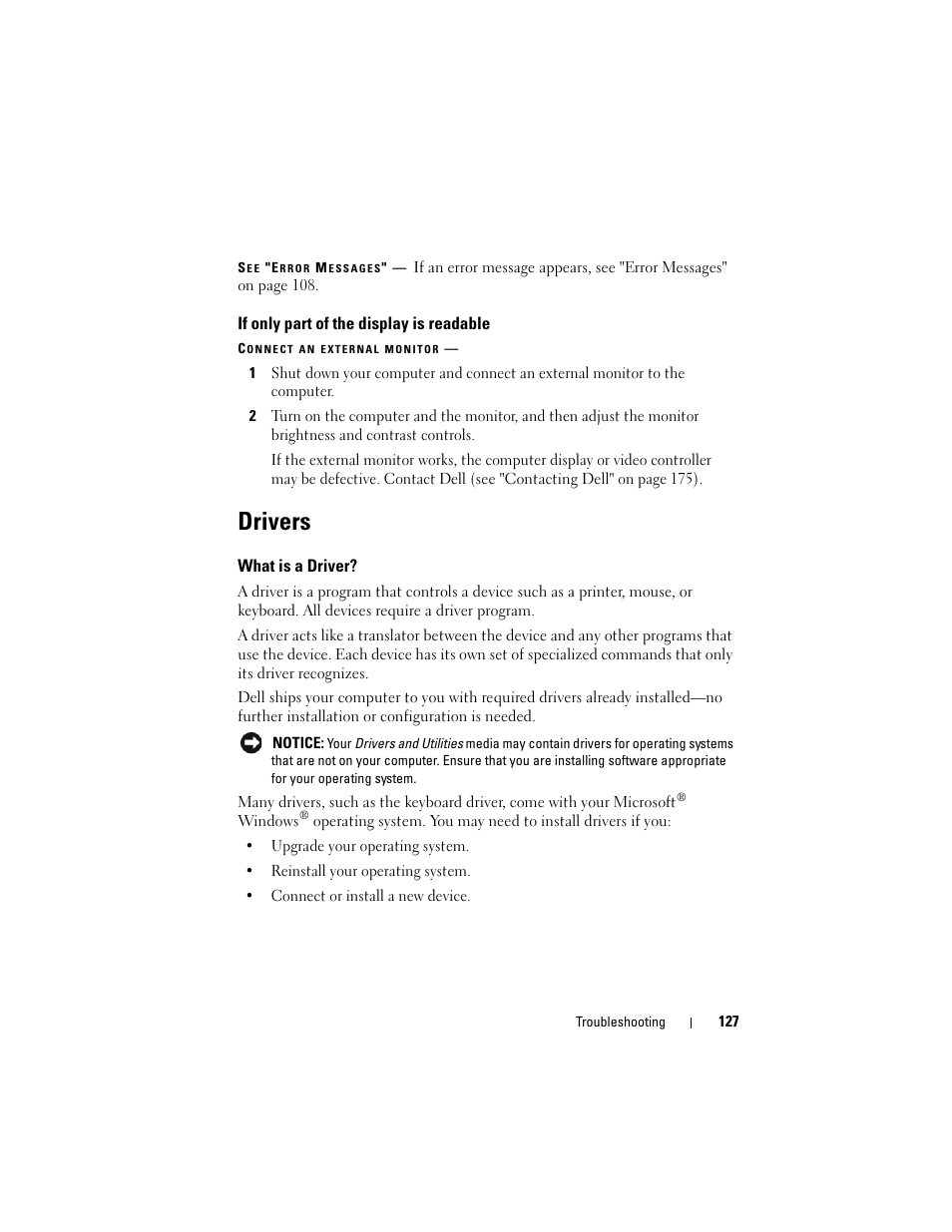 If only part of the display is readable, Drivers, What is a driver | Dell Inspiron 1721 (Mid 2007) User Manual | Page 127 / 220