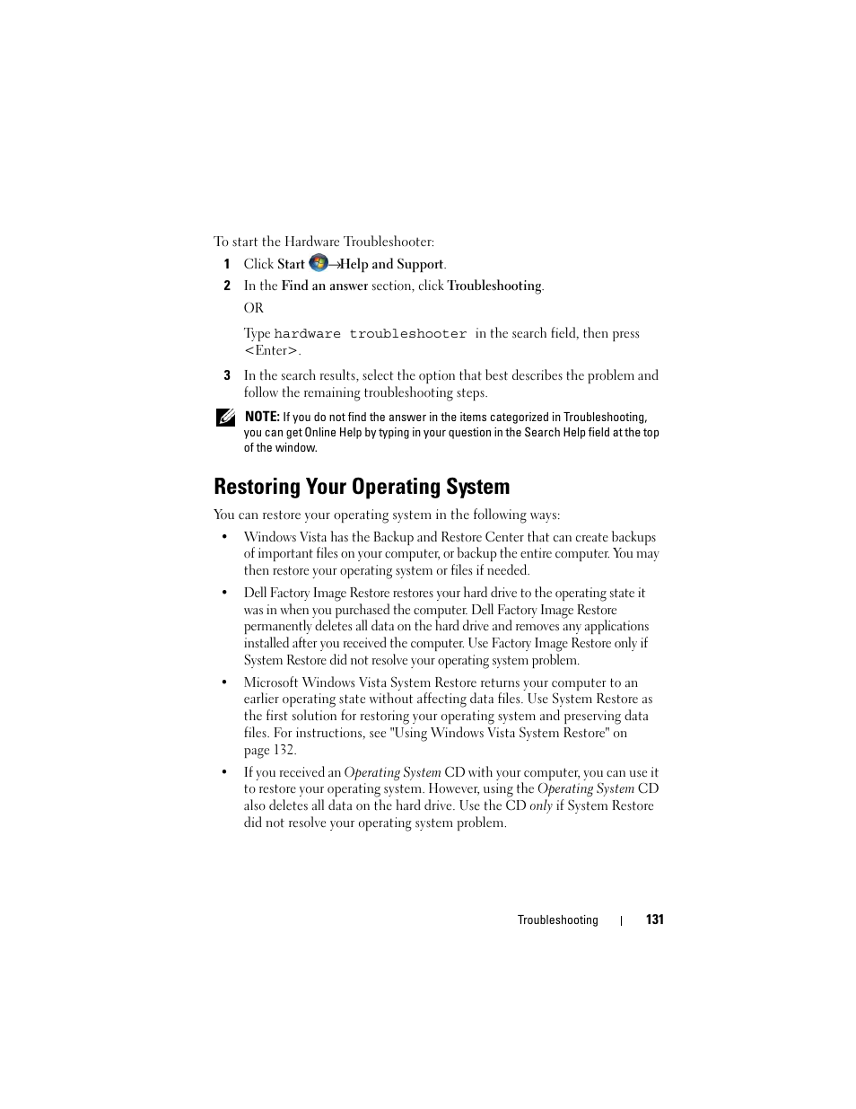 Restoring your operating system | Dell Inspiron 1721 (Mid 2007) User Manual | Page 131 / 220