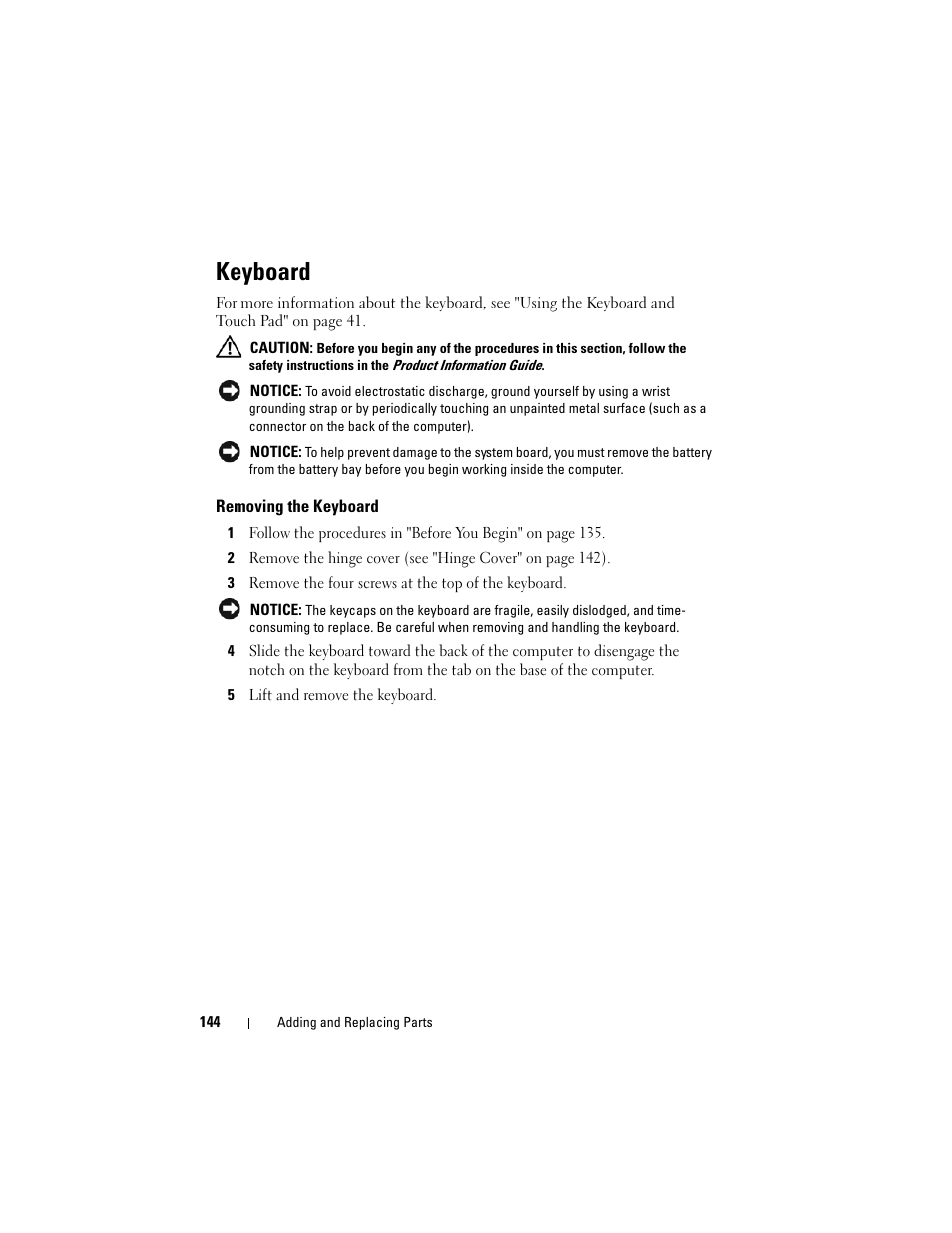 Keyboard, Removing the keyboard | Dell Inspiron 1721 (Mid 2007) User Manual | Page 144 / 220
