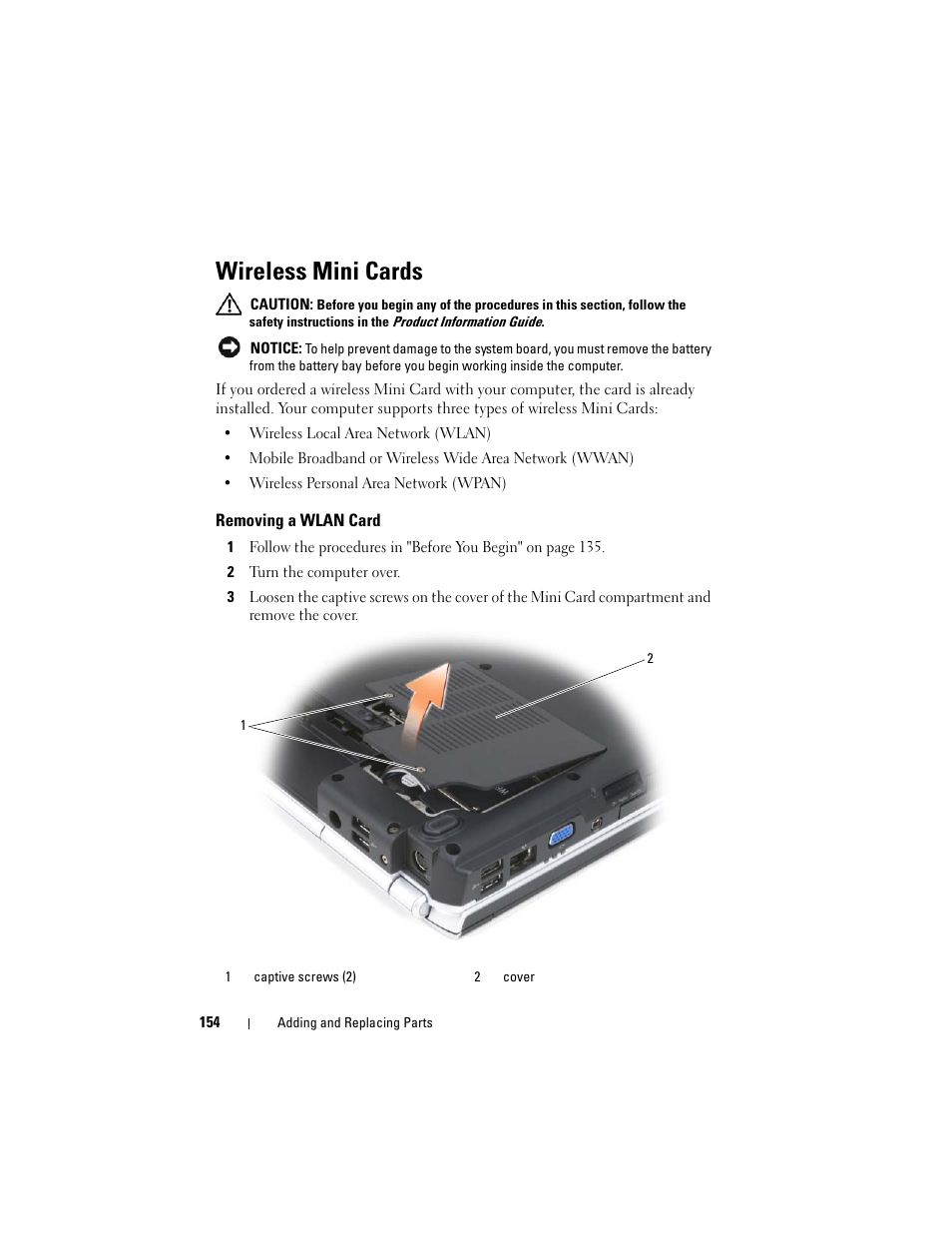 Wireless mini cards, Removing a wlan card | Dell Inspiron 1721 (Mid 2007) User Manual | Page 154 / 220