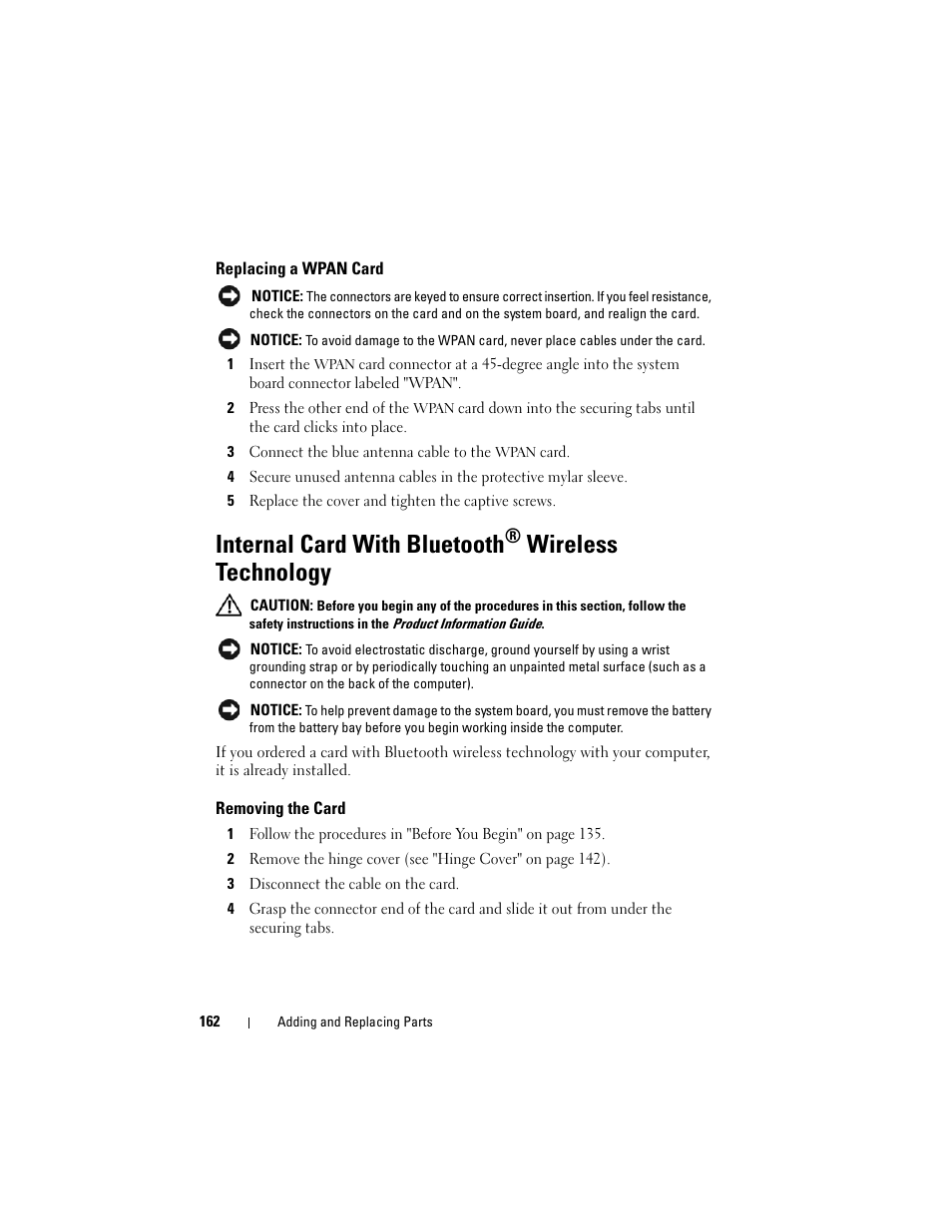 Replacing a wpan card, Internal card with bluetooth® wireless technology, Removing the card | Internal card with bluetooth, Wireless technology | Dell Inspiron 1721 (Mid 2007) User Manual | Page 162 / 220