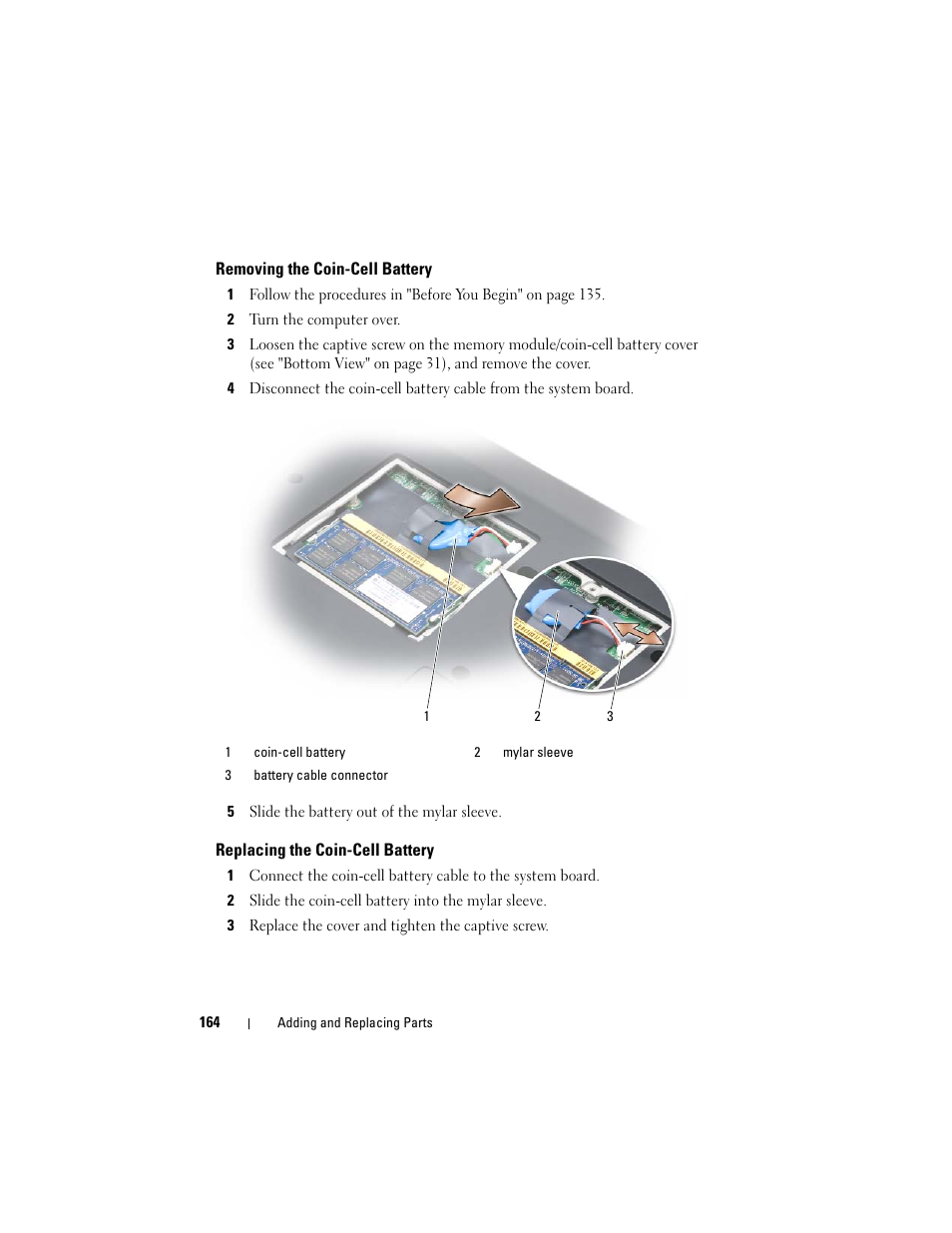 Removing the coin-cell battery, Replacing the coin-cell battery | Dell Inspiron 1721 (Mid 2007) User Manual | Page 164 / 220