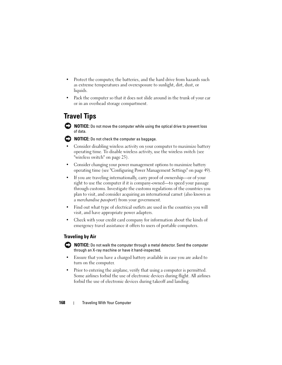 Travel tips, Traveling by air | Dell Inspiron 1721 (Mid 2007) User Manual | Page 168 / 220