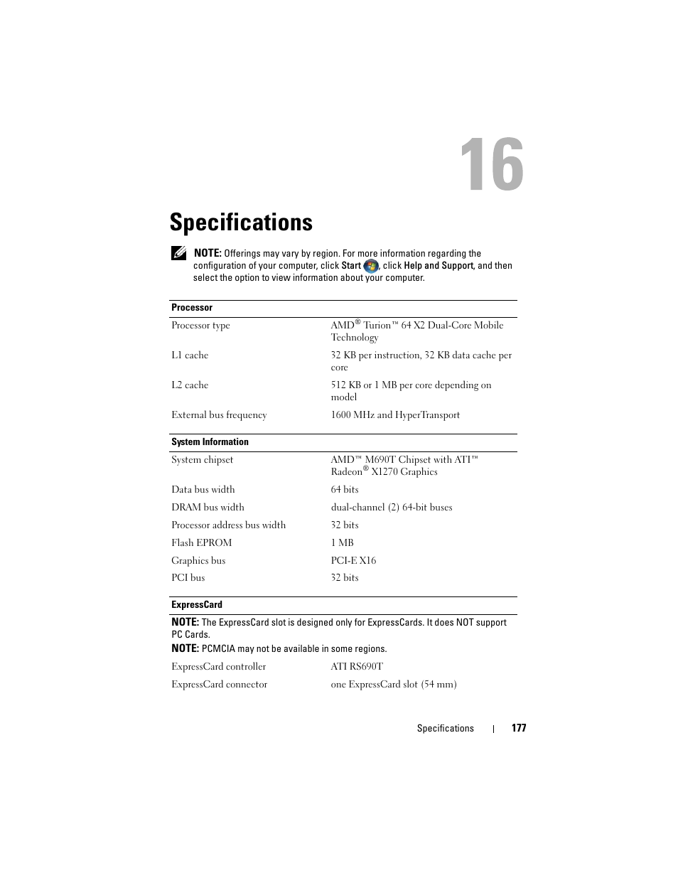 Specifications | Dell Inspiron 1721 (Mid 2007) User Manual | Page 177 / 220