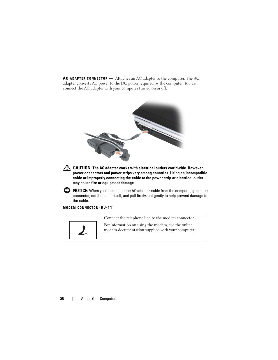 Ac adapter connector, Modem connector (rj-11) | Dell Inspiron 1721 (Mid 2007) User Manual | Page 30 / 220