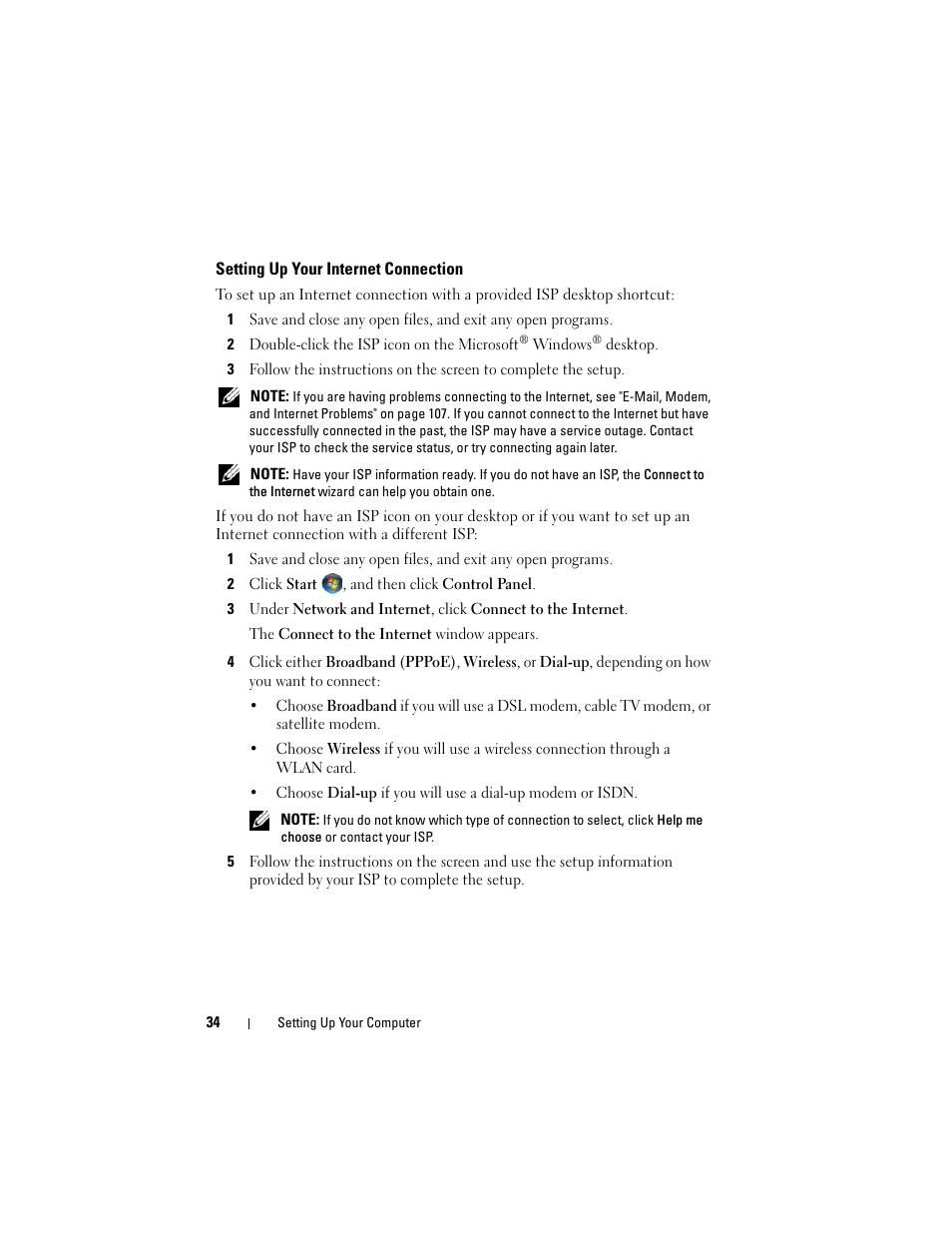 Setting up your internet connection | Dell Inspiron 1721 (Mid 2007) User Manual | Page 34 / 220