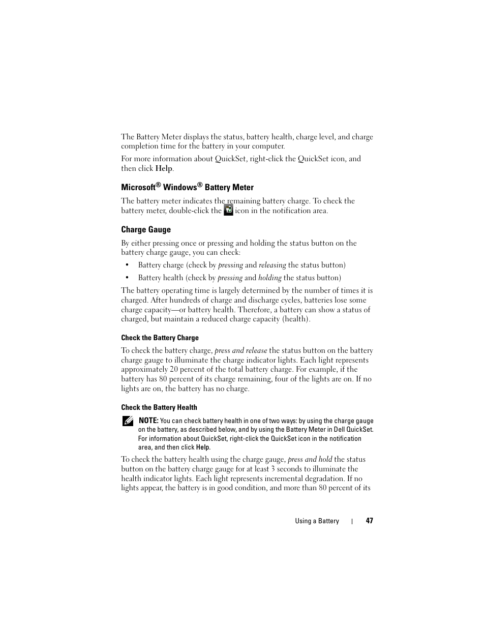 Microsoft® windows® battery meter, Charge gauge, Microsoft | Dell Inspiron 1721 (Mid 2007) User Manual | Page 47 / 220