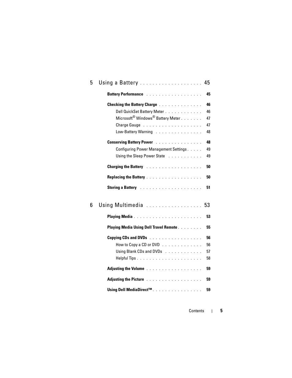 5using a battery, 6using multimedia | Dell Inspiron 1721 (Mid 2007) User Manual | Page 5 / 220