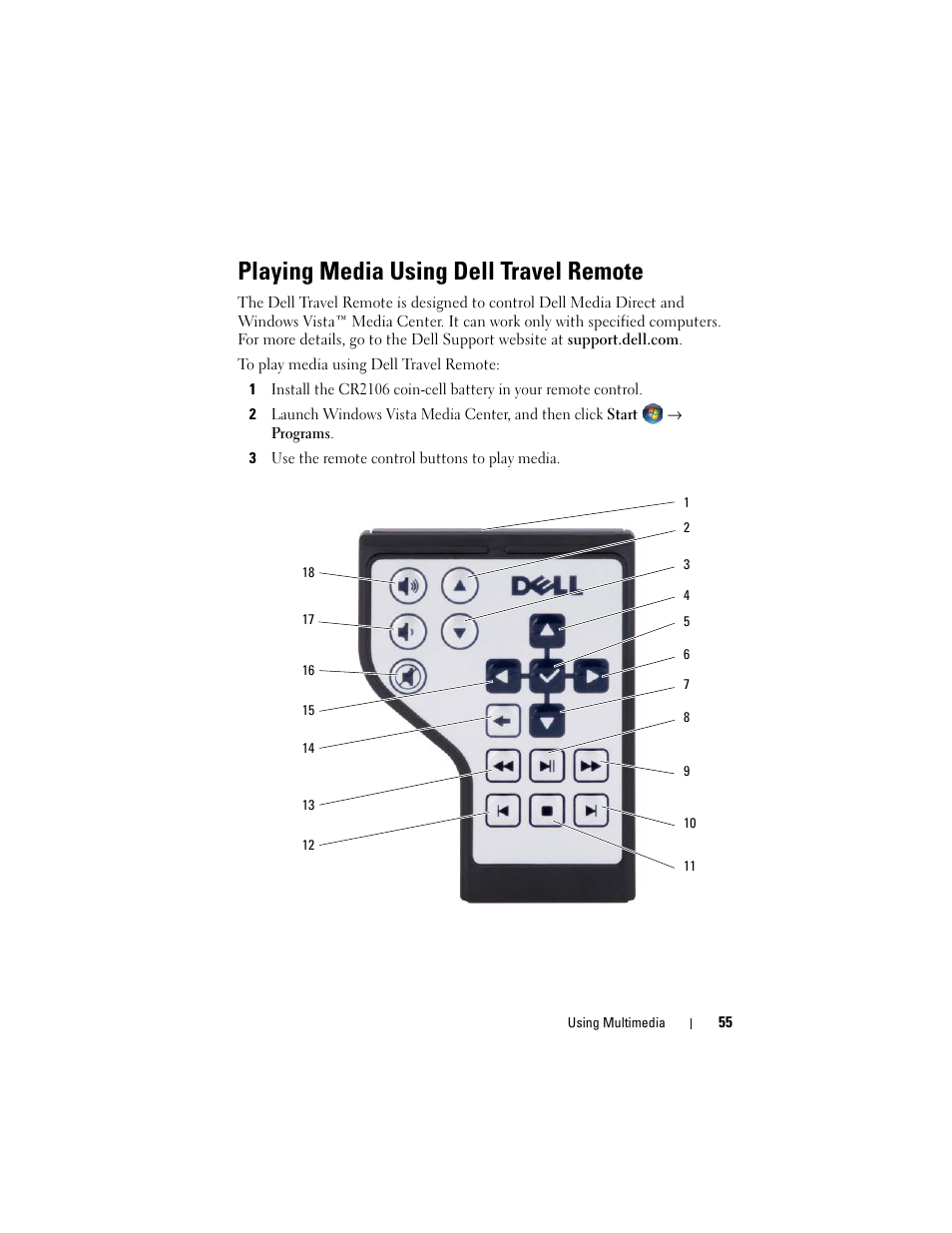 Playing media using dell travel remote | Dell Inspiron 1721 (Mid 2007) User Manual | Page 55 / 220