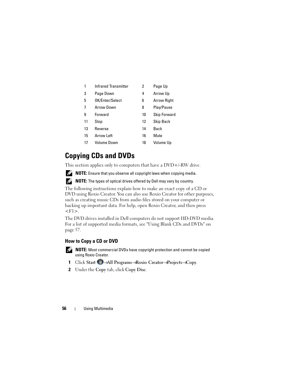 Copying cds and dvds, How to copy a cd or dvd | Dell Inspiron 1721 (Mid 2007) User Manual | Page 56 / 220