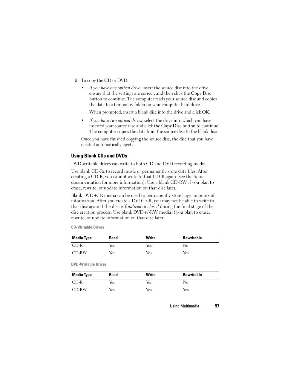 Using blank cds and dvds | Dell Inspiron 1721 (Mid 2007) User Manual | Page 57 / 220