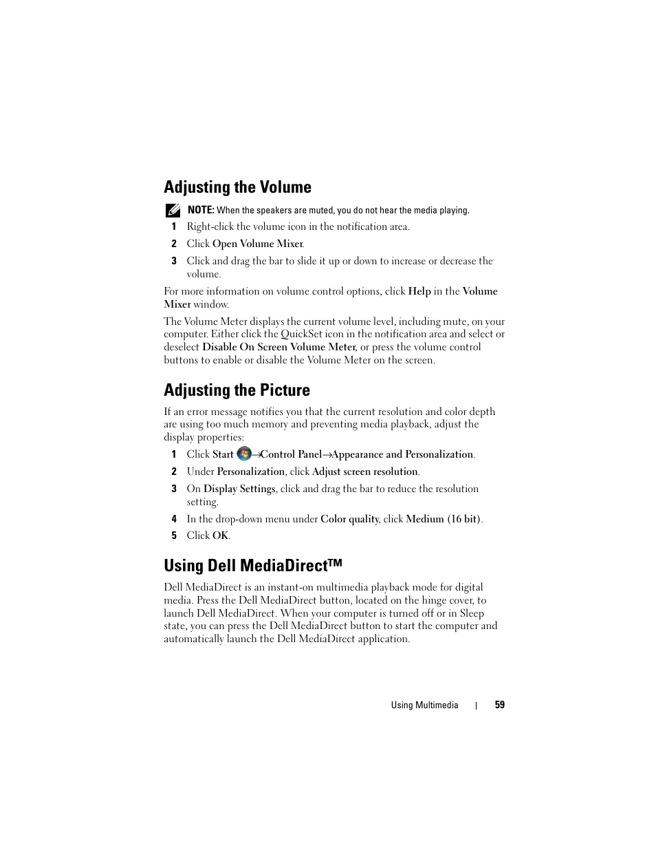 Adjusting the volume, Adjusting the picture, Using dell mediadirect | Dell Inspiron 1721 (Mid 2007) User Manual | Page 59 / 220