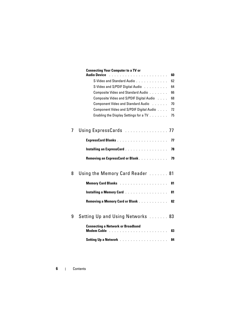 7using expresscards, 9setting up and using networks | Dell Inspiron 1721 (Mid 2007) User Manual | Page 6 / 220