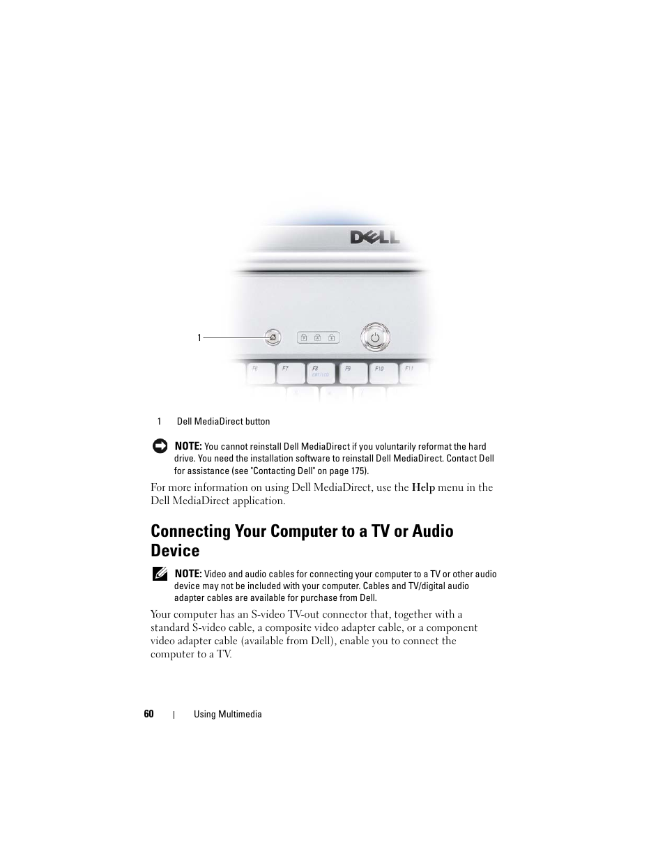 Connecting your computer to a tv or audio device | Dell Inspiron 1721 (Mid 2007) User Manual | Page 60 / 220