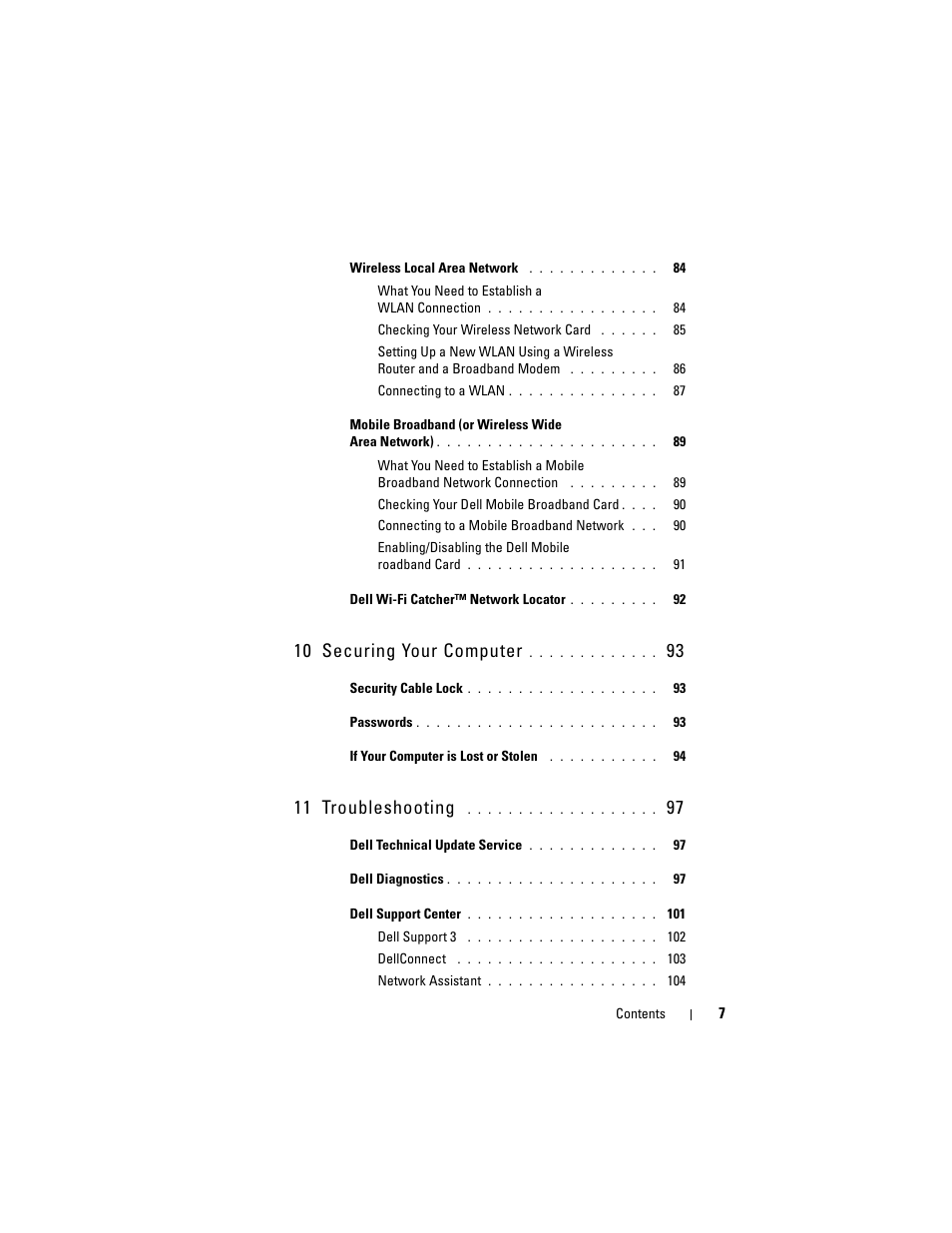 10 securing your computer, 11 troubleshooting | Dell Inspiron 1721 (Mid 2007) User Manual | Page 7 / 220