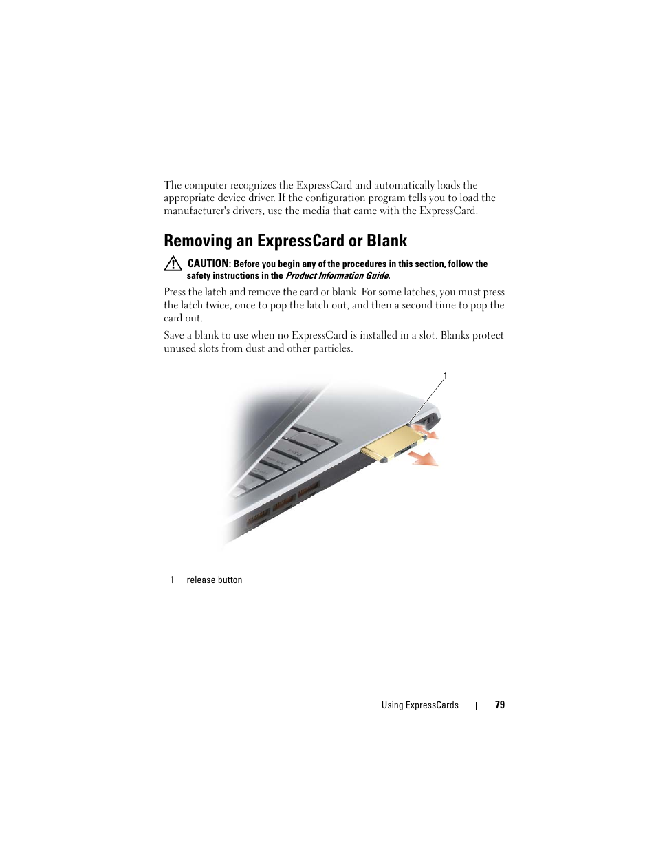 Removing an expresscard or blank | Dell Inspiron 1721 (Mid 2007) User Manual | Page 79 / 220