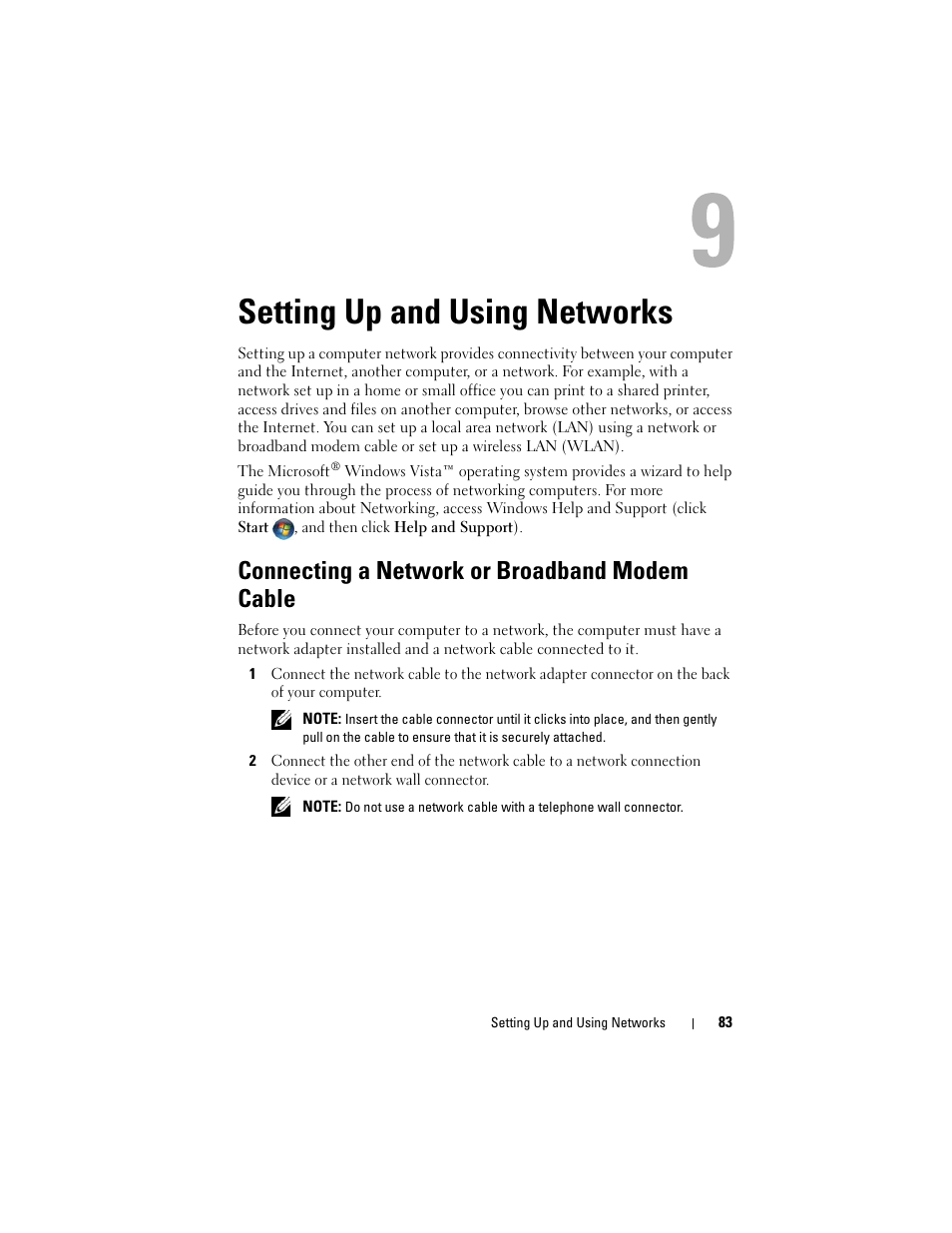 Setting up and using networks, Connecting a network or broadband modem cable | Dell Inspiron 1721 (Mid 2007) User Manual | Page 83 / 220