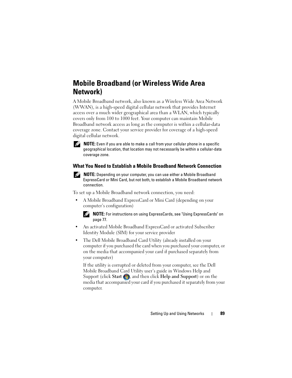 Mobile broadband (or wireless wide area network) | Dell Inspiron 1721 (Mid 2007) User Manual | Page 89 / 220