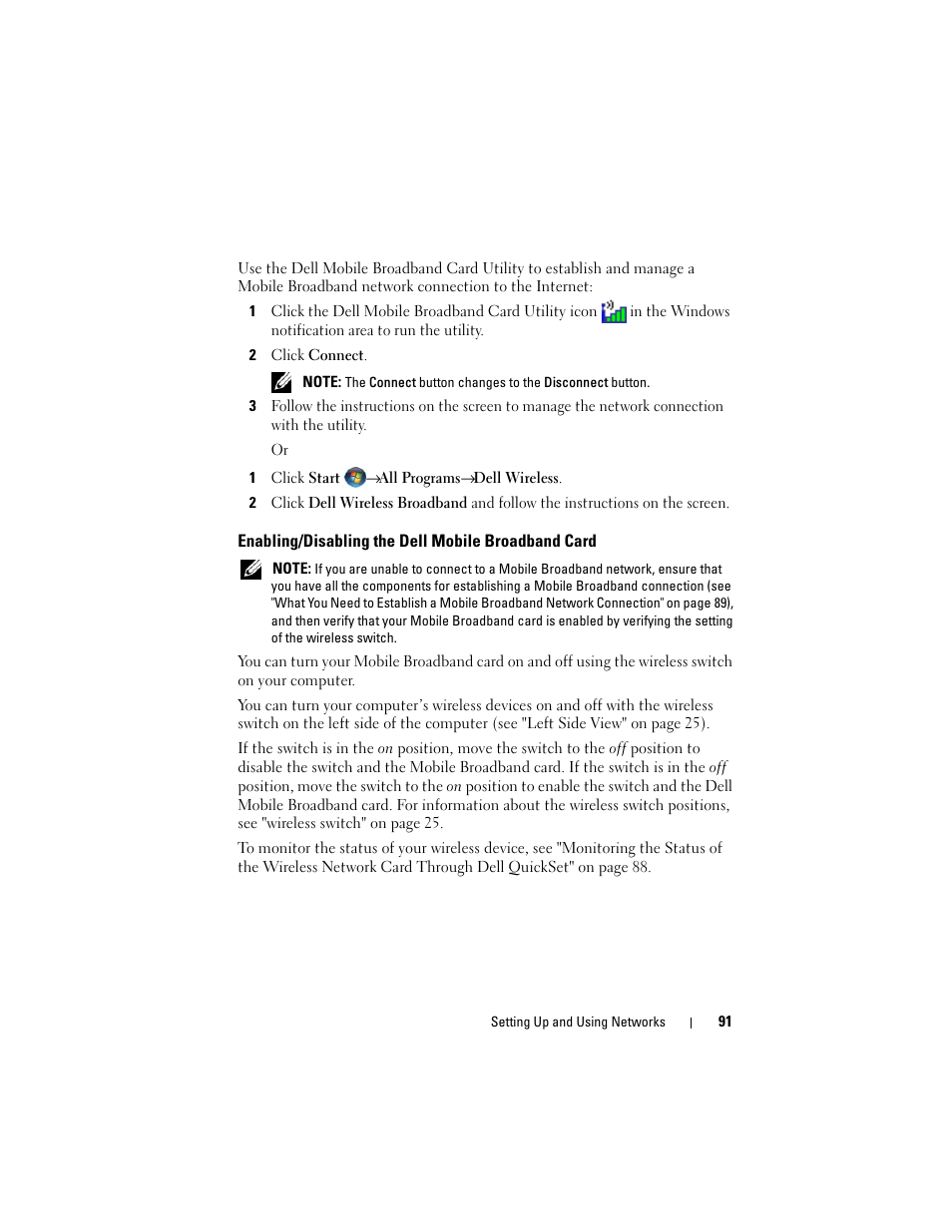 Enabling/disabling the dell mobile broadband card, Enabling/disabling the dell mobile roadband card | Dell Inspiron 1721 (Mid 2007) User Manual | Page 91 / 220