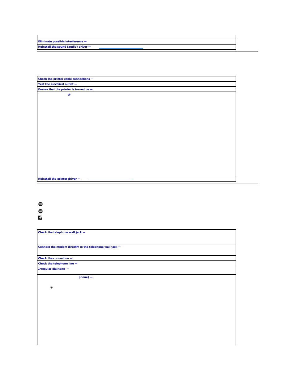 Printer problems, Modem and internet connection problems, Scanner problems | Dell INSPIRON 2600 User Manual | Page 50 / 87