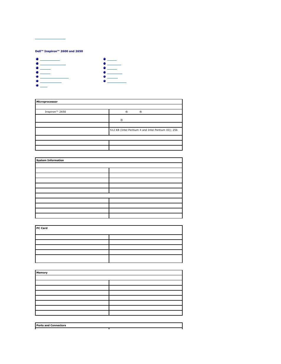Specifications | Dell INSPIRON 2600 User Manual | Page 58 / 87