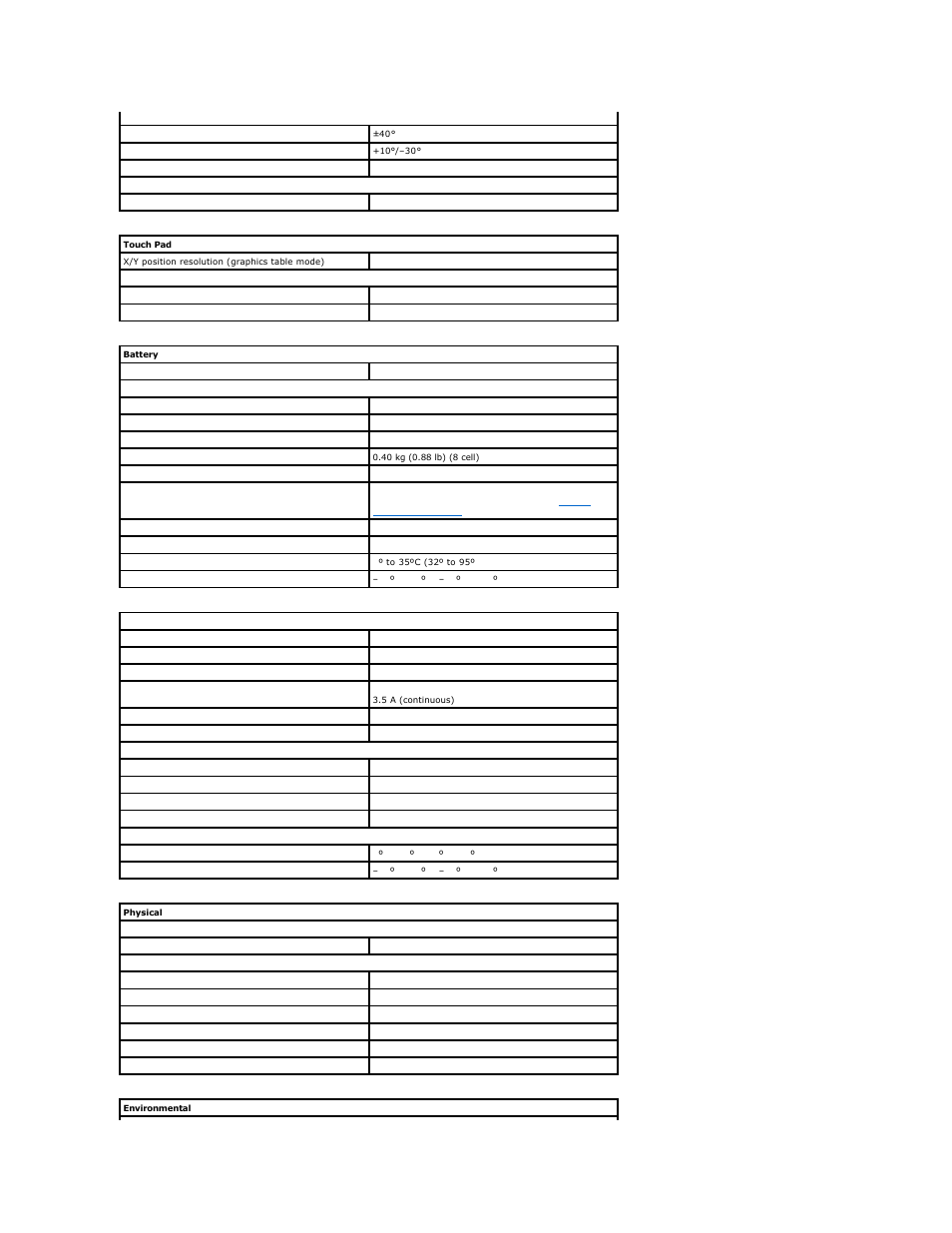 Touch pad, Battery, Ac adapter | Physical, Environmental | Dell INSPIRON 2600 User Manual | Page 60 / 87