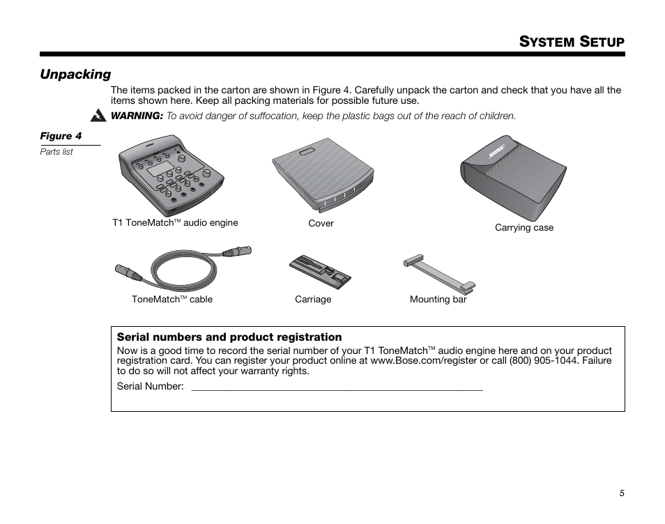 System setup, Unpacking, Ystem | Etup | Bose T1 User Manual | Page 13 / 62