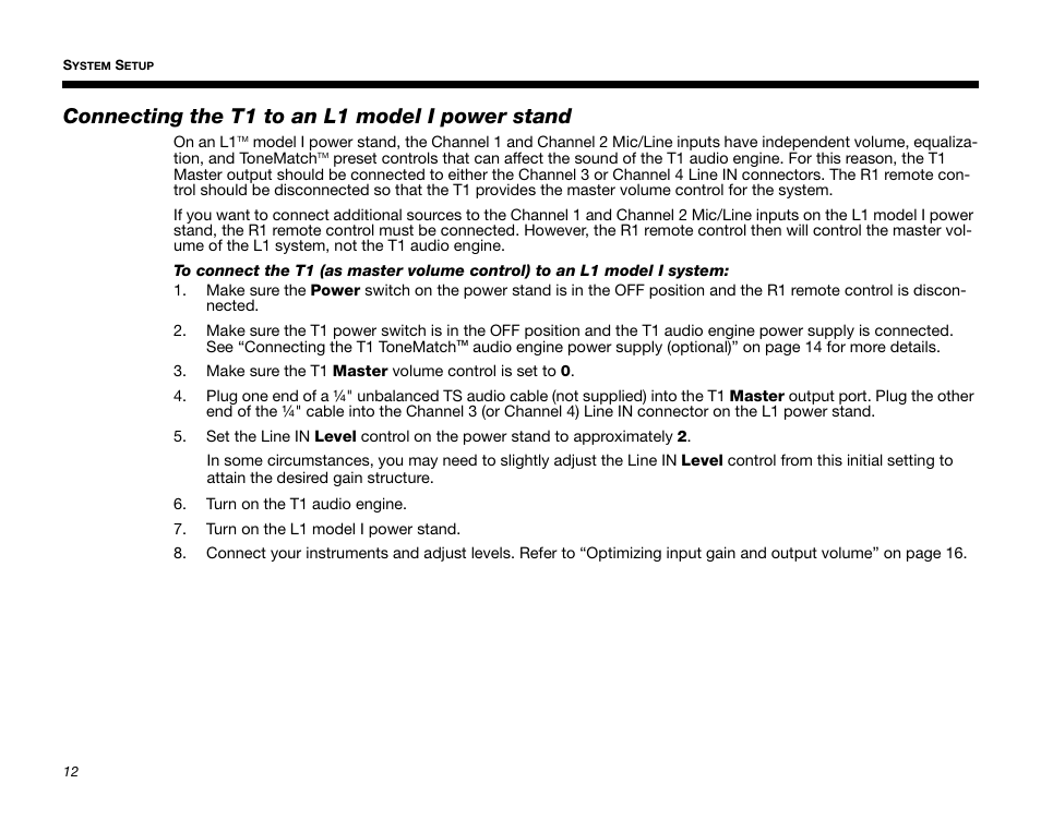 Connecting the t1 to an l1 model i power stand | Bose T1 User Manual | Page 20 / 62